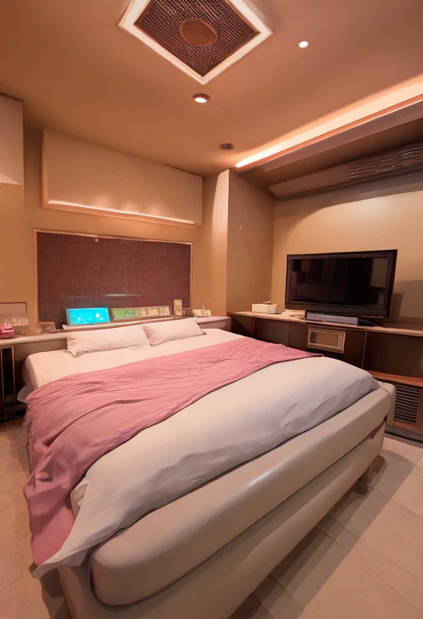 lovehotel, scenery, indoors, table, couch, television, bed, pillow, blanket, LHbedpanel, phone, tissue box, 
masterpiece, best quality, amazing quality, very aesthetic, absurdres, newest,
<lora:lovehotel_Illustrious_V1P:1>