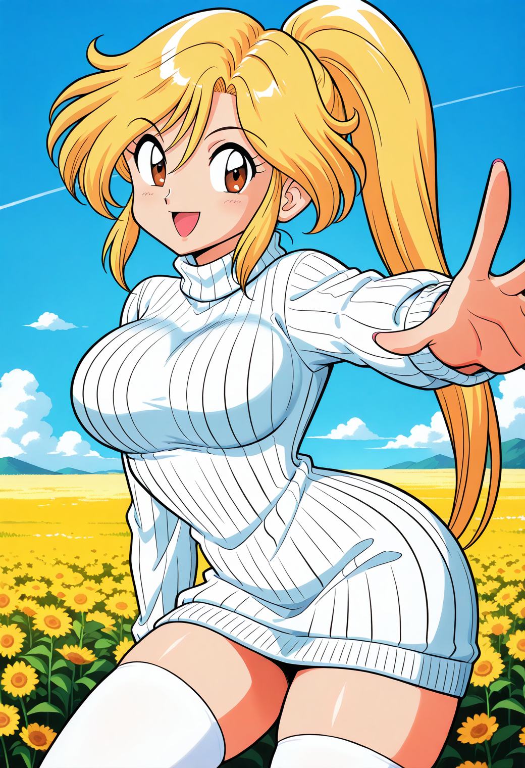 sagiri, retro artstyle, 1990s \(style\), brown eyes, blonde hair, long hair, ponytail, sweater dress, ribbed sweater, white sweater, turtleneck, long sleeves, white thighhighs, zettai ryouiki, <lora:sagiri_illustrious_ver1:0.8>
smile, open mouth,  1girl, solo, (field:1.2), (blue sky:1.2), looking at viewer,, masterpiece, best quality, general,, (cowboy shot, dynamic pose:1.4),