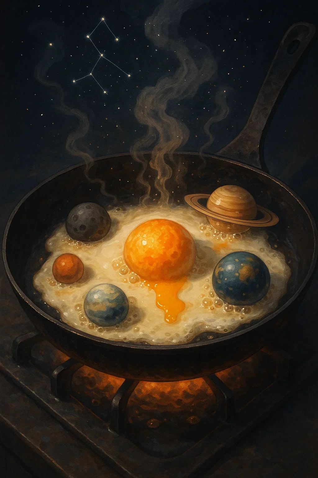A frying pan with tiny planets sizzling like eggs, Saturn bubbling, the Sun leaking yolk, steam forming constellations, surreal breakfast universe, high-res concept art