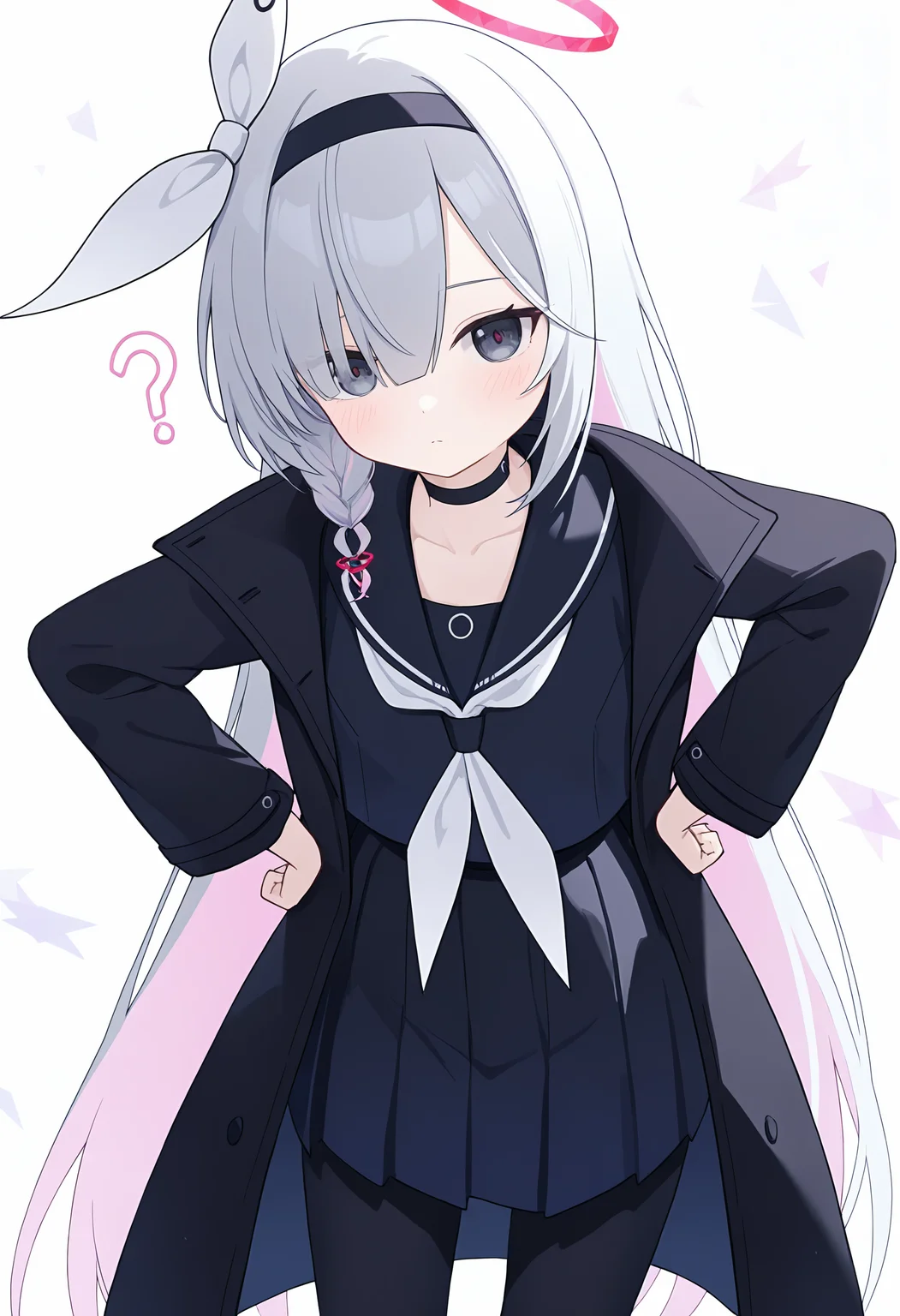 ,plana \(blue archive\), 1girl, solo, long hair, looking at viewer, blush, simple background, skirt, long sleeves, white background, closed mouth, very long hair, school uniform, collarbone, white hair, pink hair, grey hair, braid, multicolored hair, pantyhose, pleated skirt, hairband, open clothes, choker, serafuku, black skirt, sailor collar, hair over one eye, black eyes, halo, coat, black pantyhose, grey eyes, neckerchief, single braid, black choker, black hairband, ?, colored inner hair, black coat, black sailor collar, open coat, black serafuku, hands on own hips, pink halo, red halo, white neckerchief, red pupils, pink pupils,<lora:TestTestTest!\trained-000150.safetensors:0.95:1>,,embedding:lazypos, masterpiece,best quality,newest,absurdres,highres,very awa,detail background <lora:None:0.30000000000000004>