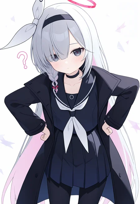,plana \(blue archive\), 1girl, solo, long hair, looking at viewer, blush, simple background, skirt, long sleeves, white background, closed mouth, very long hair, school uniform, collarbone, white hair, pink hair, grey hair, braid, multicolored hair, pantyhose, pleated skirt, hairband, open clothes, choker, serafuku, black skirt, sailor collar, hair over one eye, black eyes, halo, coat, black pantyhose, grey eyes, neckerchief, single braid, black choker, black hairband, ?, colored inner hair, black coat, black sailor collar, open coat, black serafuku, hands on own hips, pink halo, red halo, white neckerchief, red pupils, pink pupils,<lora:TestTestTest!\trained-000150.safetensors:0.95:1>,,embedding:lazypos, masterpiece,best quality,newest,absurdres,highres,very awa,detail background <lora:None:0.30000000000000004>