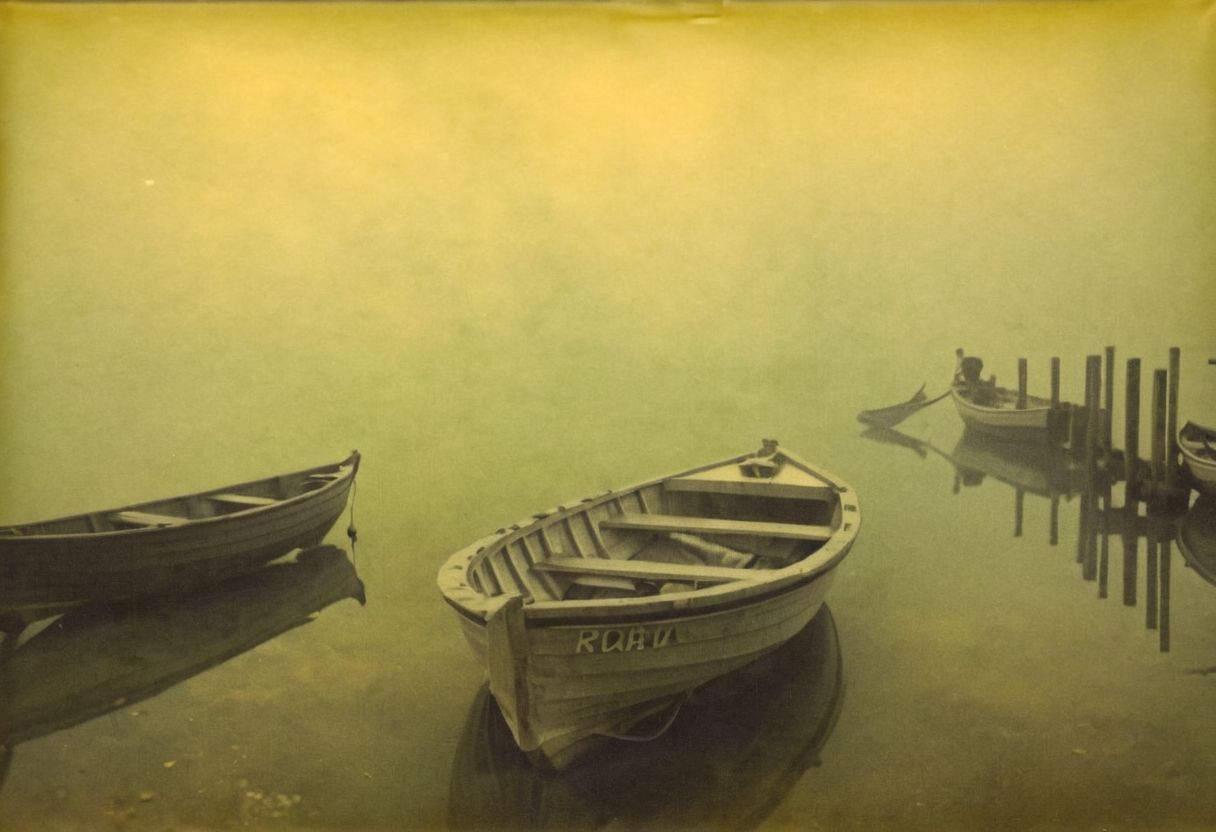 colouring_experiment_analogue, a foggy sea with some fisherboats, hard shadow