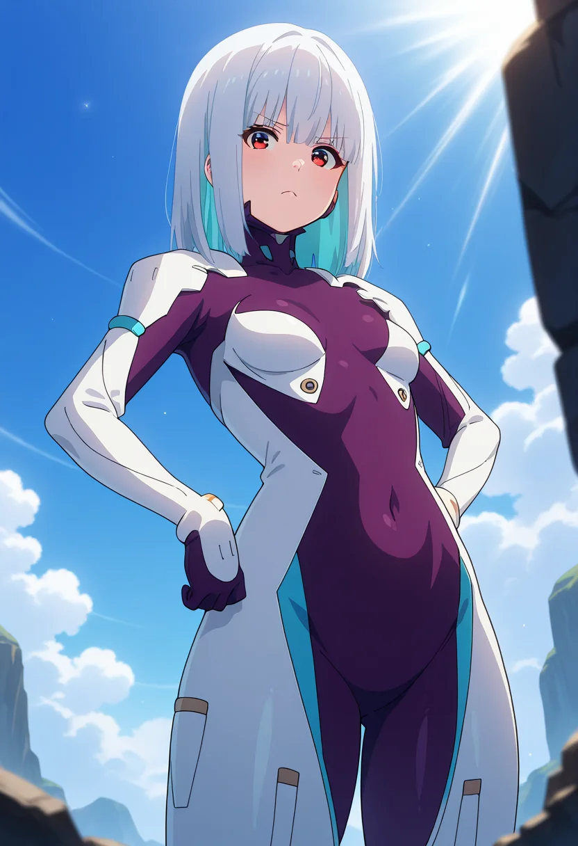 masterpiece, best quality, amazing quality, 1girl, solo, luluww, red eyes, white hair, medium hair, bangs, colored inner hair, small breasts, pilot suit, multicolored bodysuit, white bodysuit, purple bodysuit, covered navel, <lora:Lulu_Bravern_ill_v11:0.9>, standing, frown, looking at viewer, hands on hips, skindentation, detailed clothing folds, depth of field, sharp, dynamic light