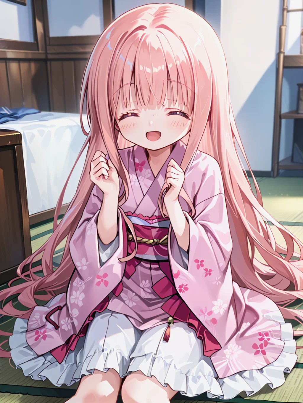 (zPDXL3), score_9, score_8_up, score_7_up, source_anime,
1girl, sitting, wariza,
<lora:ro-kyu-bu_pony_v1-000012:1>, hakamada hinata, smile, very long hair, pink kimono, hands up, closed eyes, open mouth,