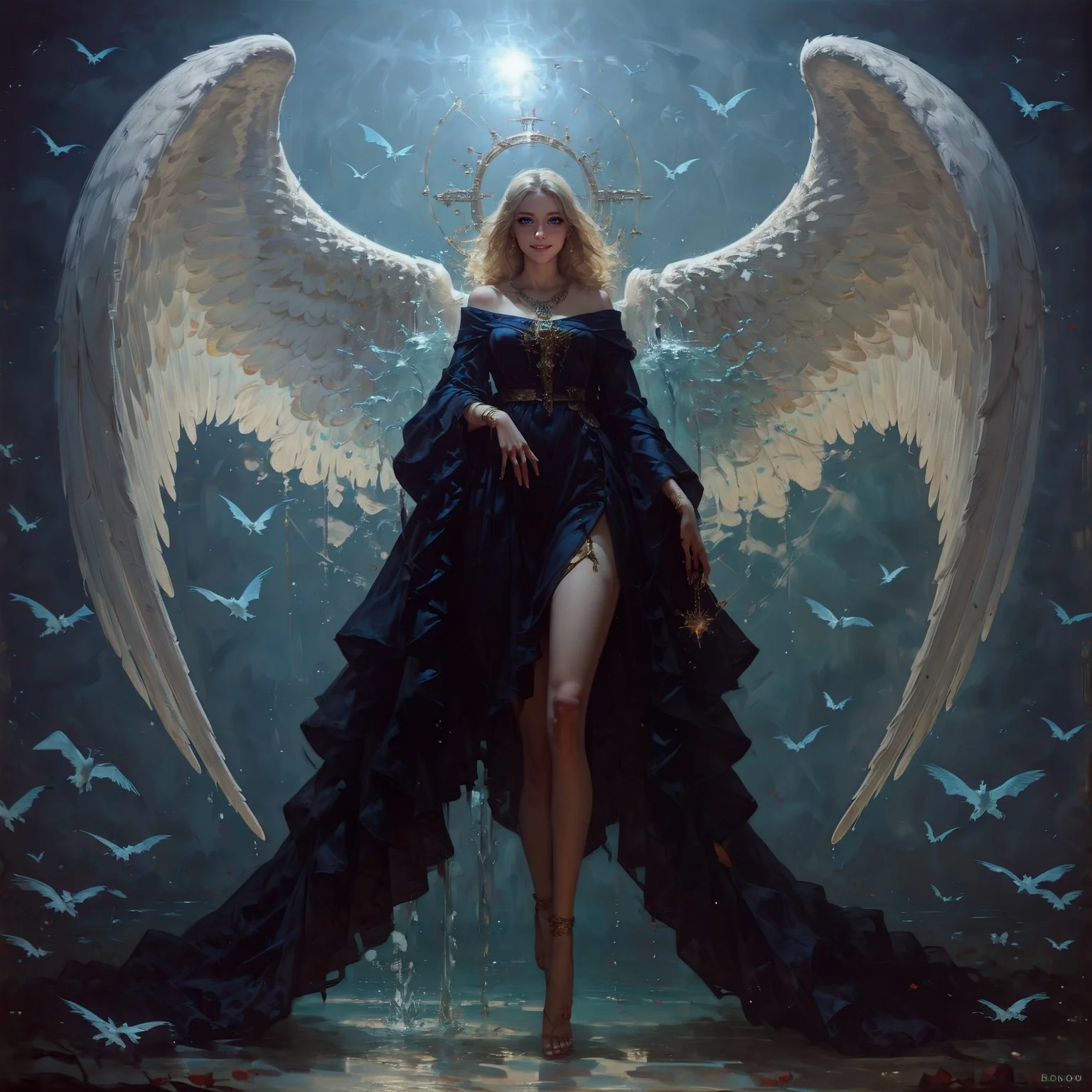 score_9, score_8_up, score_7_up, woman, angelic, curvy, perfect curves, blue eyes, smile, gold jewelry, standing, intricate, large wings, otherworldly beauty, transfiguration, ceremonial white robe, blue trim, fringe, legs, feet, hovering, over blue water, sunlight, ocean, (atmospheric perspective:1.3), blonde hair, legs apart <lora:sdxl/pony_twilight_style:0.8> <lora:sdxl/pony_vixon_gothic_oil_style:0.7> d4rk01l
