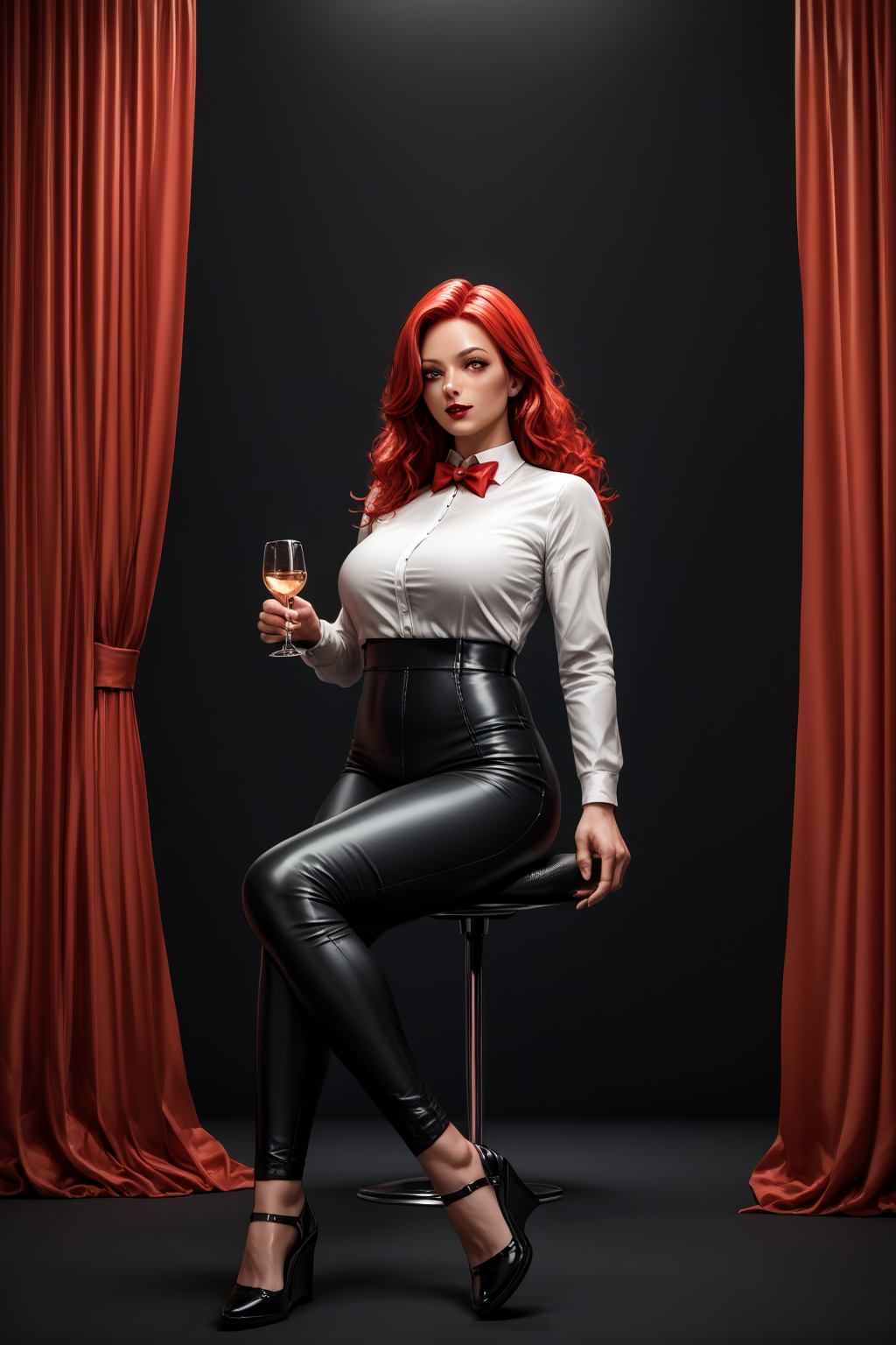 score_9, score_8_up, score_7_up, 1girl, source_anime, detailed, crossed legs, long red hair, wavy hair, white shirt, dress shirt, red bowtie, black pants, mature, holding wine glass, parted hair, Wedge heels, lipstick, red theme, black theme, red curtains, Acrylic wedges, Black footware.