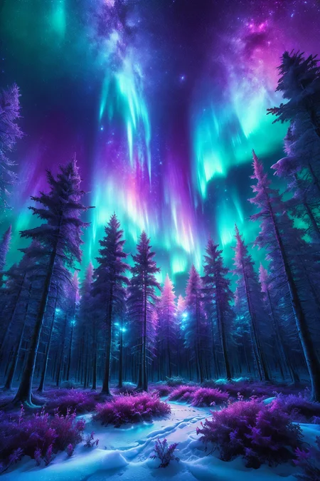 frozen tundra with icy glow, morph-aurora, moonlit forest with silver glow, detailed background, best quality, vibrant colors, photorealistic style, high detail, hyper-realistic, highres, 4K resolution, realistic photo, masterpiece, ultra-detailed, luminous sky, purples and blues, radiant shine, dynamic angle, wide shot, <lora:add-detail-xl:1> <lora:aurora_0_100_V1-000009:0.65>