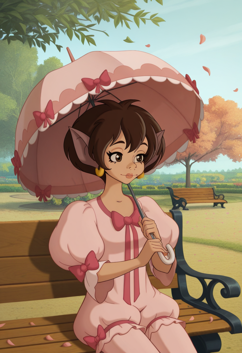 Graphic Design, color art, vibrant colors, colorful, intricate details, high contrast, detailed background, beautiful detailed, beautiful face, detailed eyes, detailed face, new, 1girl, solo, n41n4, brown hair, short hair, brown eyes, animal ears, earrings, bow, pajamas, pink shirt, puffy sleeves, pink pants, bloomers, umbrella, park, bench, sitting, petals, wind, day, cowboy shot, (masterpiece, best quality, newest, recent, absurdres),