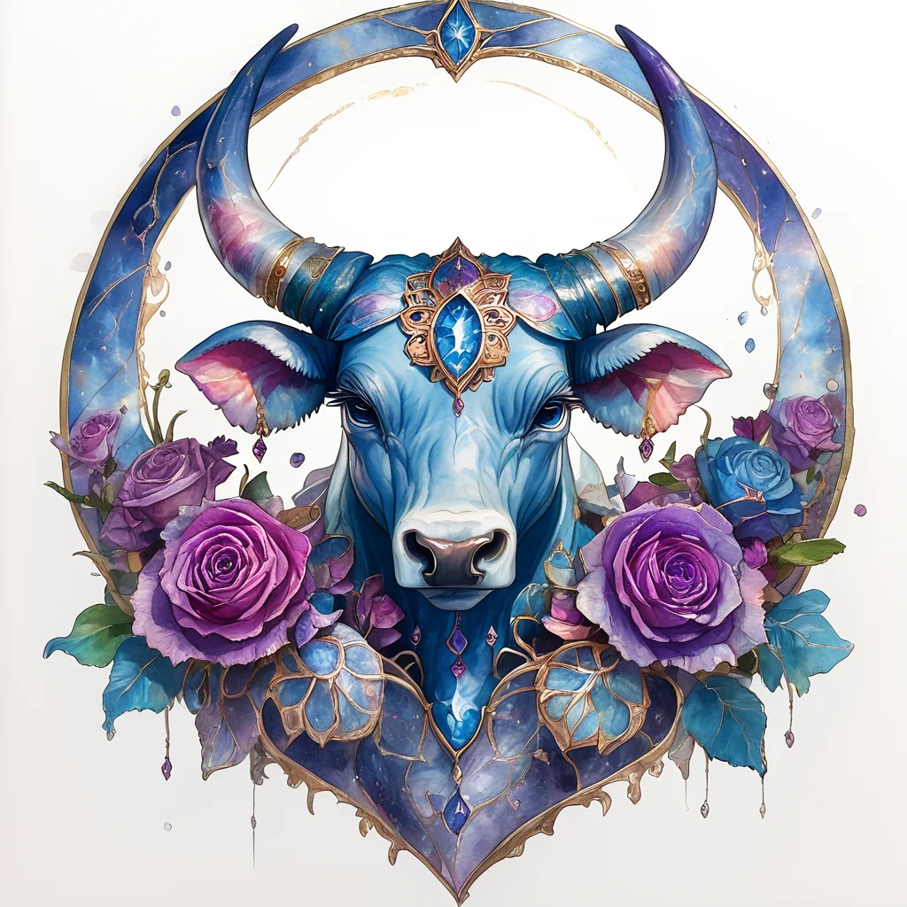 Score_9, score_8_up, score_7_up, score_6_up, <lora:ArsMJStylePony:1>, ArsMJStyle, Taurus, The image shows a painting of a bull with horns and flowers on its head set against a white background. The bull is surrounded by a variety of colorful flowers giving the painting a vibrant and lively feel., no humans, horns, purple flower, flower, painting (medium), blue flower, purple rose, rose, blue eyes, traditional media, gem, watercolor (medium), blue rose, jewelry, solo, looking at viewer, blue gemstone