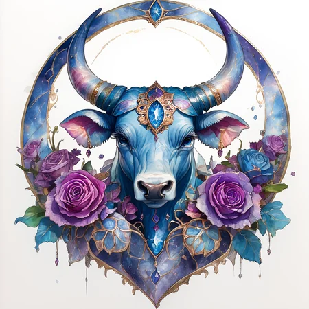 Score_9, score_8_up, score_7_up, score_6_up, <lora:ArsMJStylePony:1>, ArsMJStyle, Taurus, The image shows a painting of a bull with horns and flowers on its head set against a white background. The bull is surrounded by a variety of colorful flowers giving the painting a vibrant and lively feel., no humans, horns, purple flower, flower, painting (medium), blue flower, purple rose, rose, blue eyes, traditional media, gem, watercolor (medium), blue rose, jewelry, solo, looking at viewer, blue gemstone