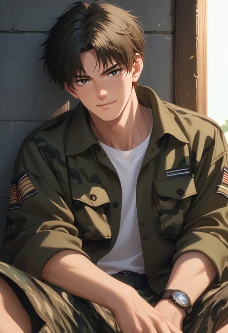 score_9, score_8_up, score_7_up, source_anime, rating_safe, centerfold, posing, pinup, laying down, sunlight, dynamic lighting, Ousfection, 1boy, male focus, anime screencap, camouflage tank tap, camouflage shorts, smirking, Expressiveh, hands with five fingers,