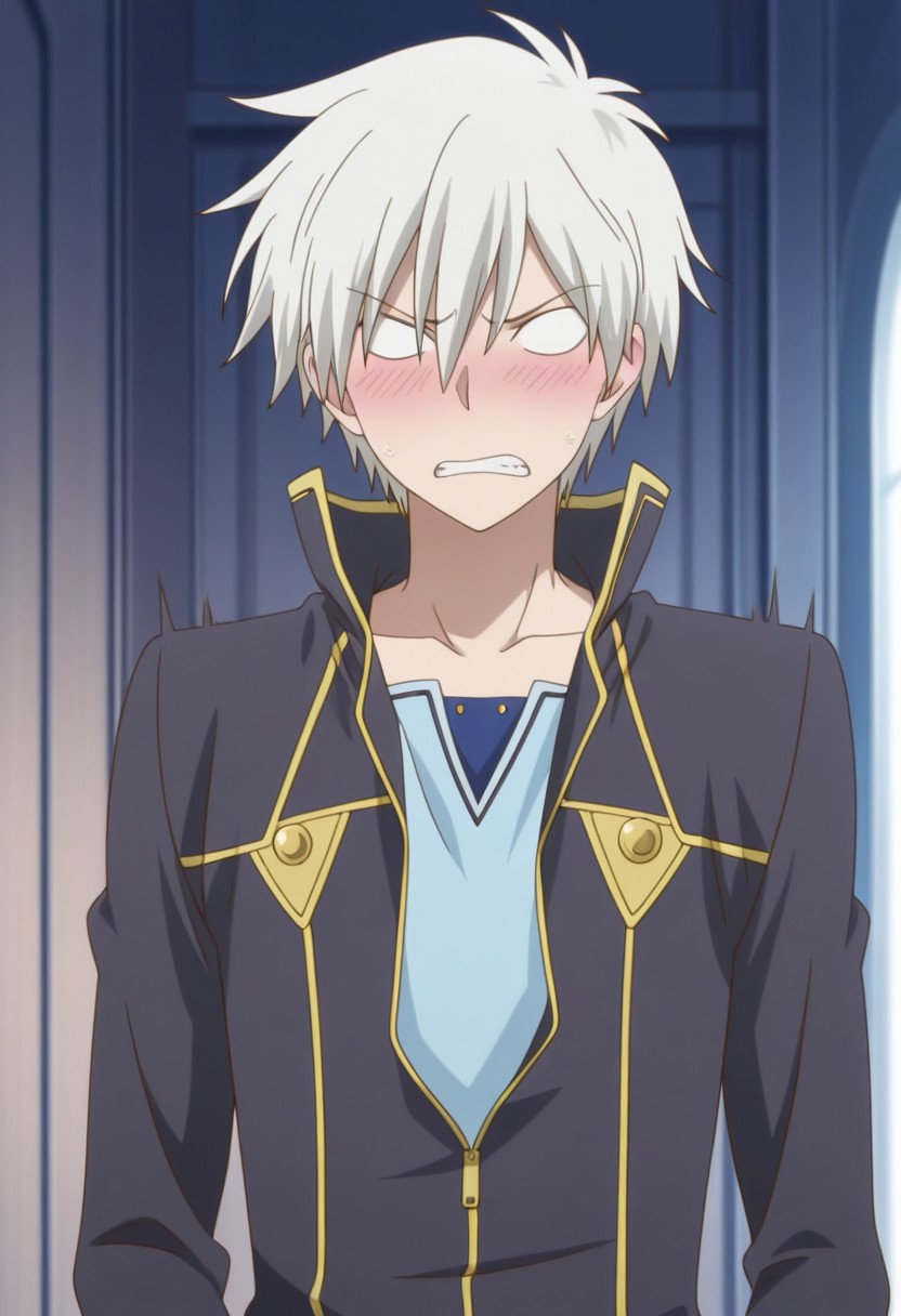 masterpiece,best quality,amazing quality, source_anime, 
ZenWistaria, 1boy, male focus, solo, blank eyes, white hair, jacket, black jacket, popped collar, partially unzipped, shirt, blue shirt, blush, clenched teeth, teeth,
