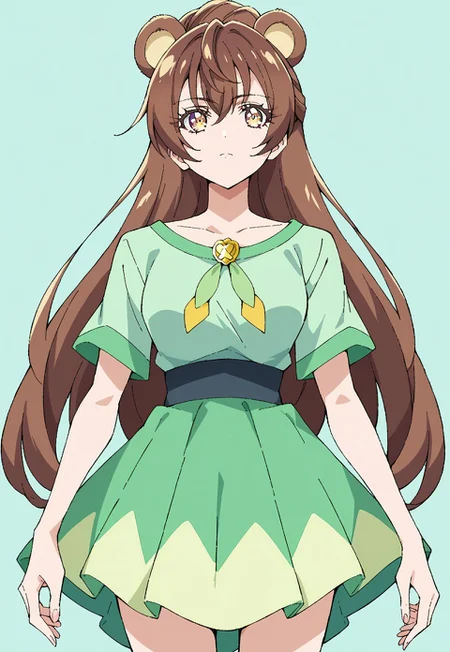 safe_pos, score_9, score_8, score_7, source_anime, 1girl, solo, pretty cure, long hair, brown hair, hair between eyes, multicolored eyes, half updo, green shirt, green skirt, medium breasts, bear ears, green hair, yellow eyes