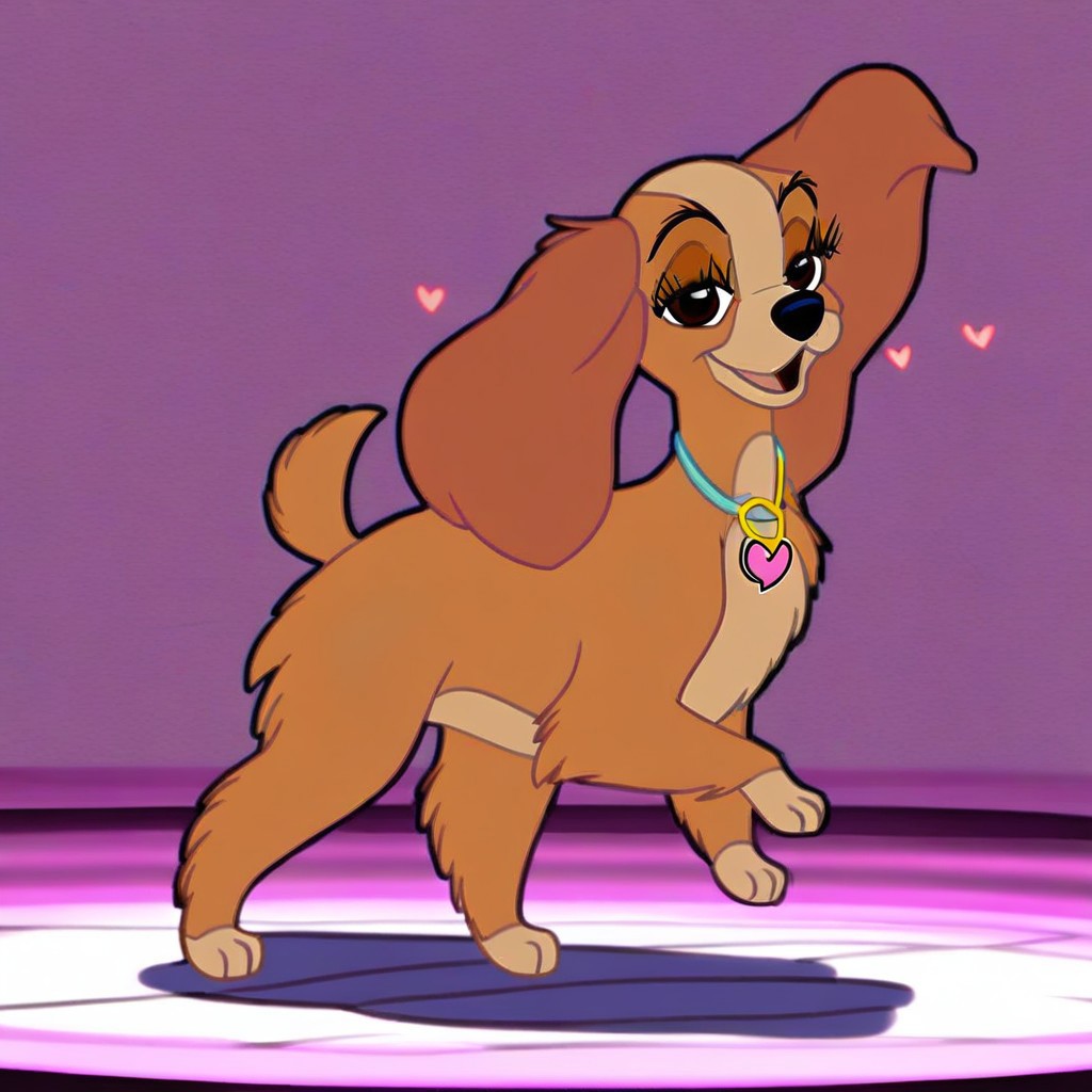 lady \(ladyandthetramp\), female, (((eyelashes))), girly, (((wearing pink heart necklace))), full body, solo, looking at viewer, open eyes, open mouth, happy, smiling, (((dancing))), posing, solo, (((flirty))), (((smug))), (((quadruped))), (((long ears))), (((feral)))