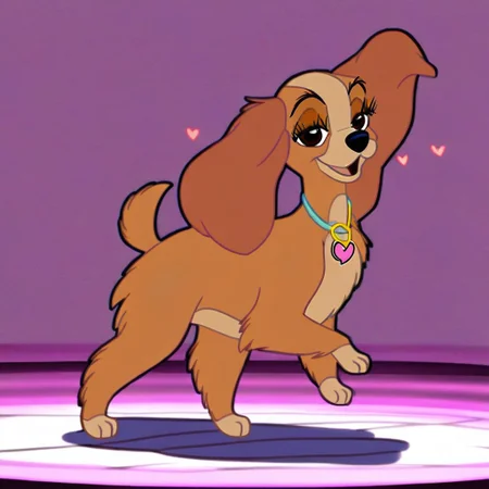 lady \(ladyandthetramp\), female, (((eyelashes))), girly, (((wearing pink heart necklace))), full body, solo, looking at viewer, open eyes, open mouth, happy, smiling, (((dancing))), posing, solo, (((flirty))), (((smug))), (((quadruped))), (((long ears))), (((feral)))