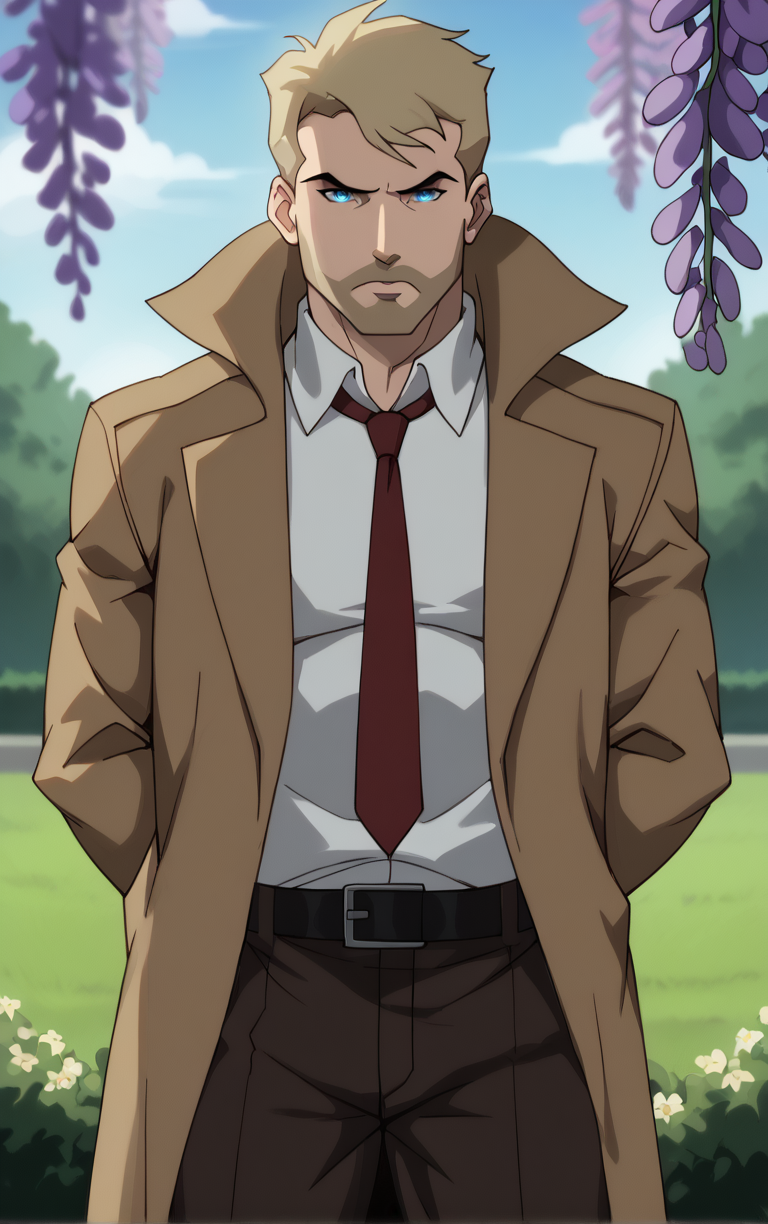 score_9, score_8_up, score_7_up, looking at viewer,  BREAK
DCAU_JL_JohnConstantine_ownwaifu, 
1boy, blonde hair, blue eyes, male focus, short hair, facial hair, mustache, 
red necktie, trench coat, white shirt, collared shirt, open coat, brown coat, belt, pants, coat, long sleeves, beard, brown jacket, formal, brown pants, popped collar, black belt, long coat
(leaning forward, arms behind back), cowboy shot, garden, wisteria, outdoors, <lora:PONYXL_DCAU_JL_JohnConstantine_ownwaifu:0.85> , depth of field, solo, Interesting Image, Captivating Image,