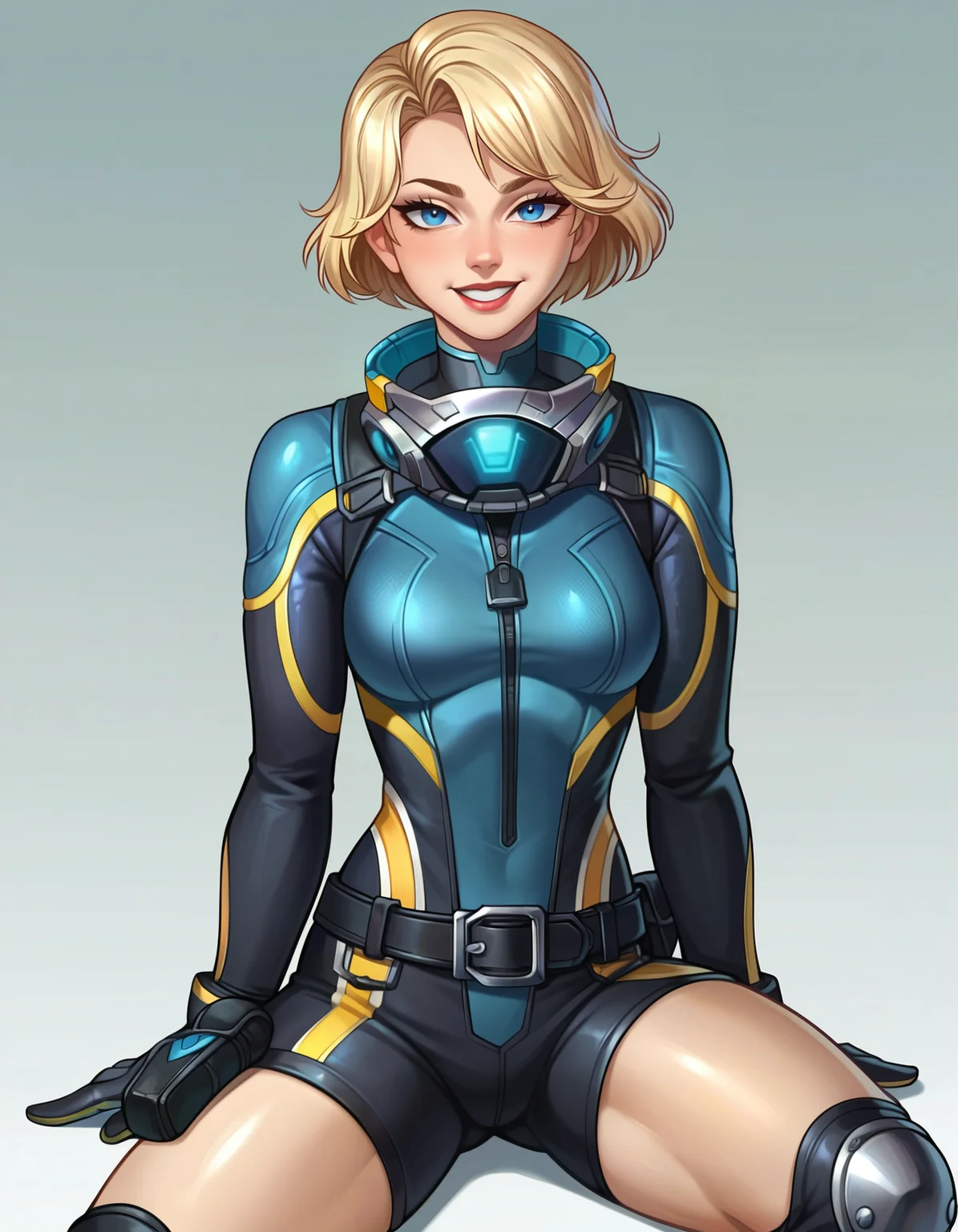 (embedding:Pony\Pony_PDXL_Negative_Embeddings\zPDXL2),1girl,solo,gloves,bodysuit,belt,standing,thigh knee boots,blonde hair,short hair,sitting,spread legs,foot_focus,black shorts,lipstick,blue eyes,medium breasts,thigh pouch,knee pads,looking at viewer,diving suit,smiling,2d,anime, <lora:MyTrainings\Temp\Catalyst_Stellar_Swimmer_XL_Pony.safetensors:0.5>