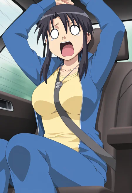 masterpiece,best quality,amazing quality,
nyamo, 1girl, solo,
black hair, short hair, sidelocks, breasts,
blue tracksuit, open jacket, yellow shirt, collarbone, whistle around neck,
sitting, car interior, seatbelt, arms up, panic, screaming, dutch angle, passenger seat, o_o, anime coloring,
(speed lines),