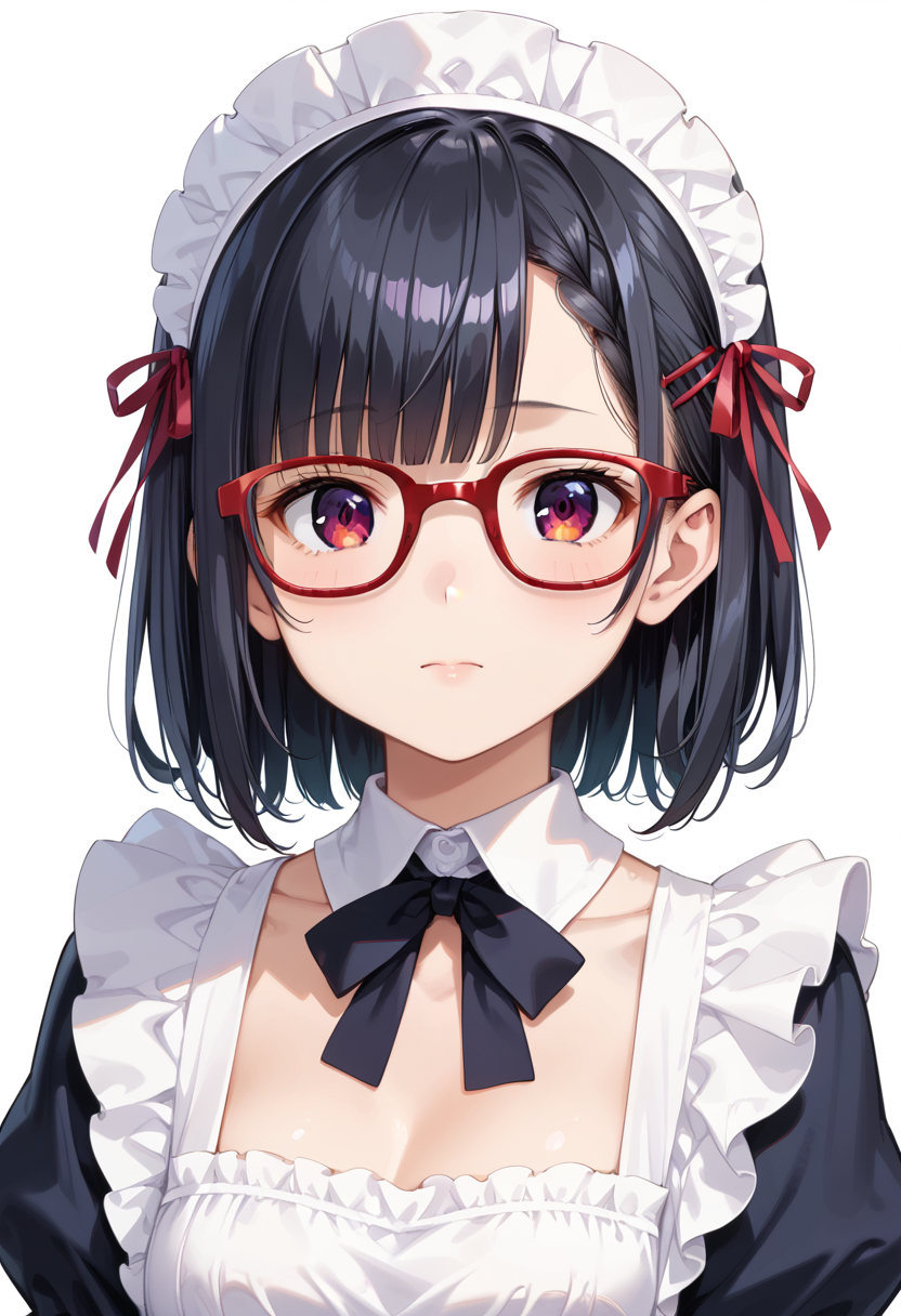 score_9, score_8_up, score_7_up, rating_safe, masterpiece, best quality, absurdres, unity 8k wallpaper, official art, official style, source_anime, uncensored, game cg, megami magazine,
1girl, solo, black hair, medium hair, upper body, covered eyes,maid, maid headdress, black dress, maid apron, face focus,
Wellington22A, glasses, white background, simple background, red-framed eyewear
 <lora:glasses_Wellington22A1_PONY_V1:1>
