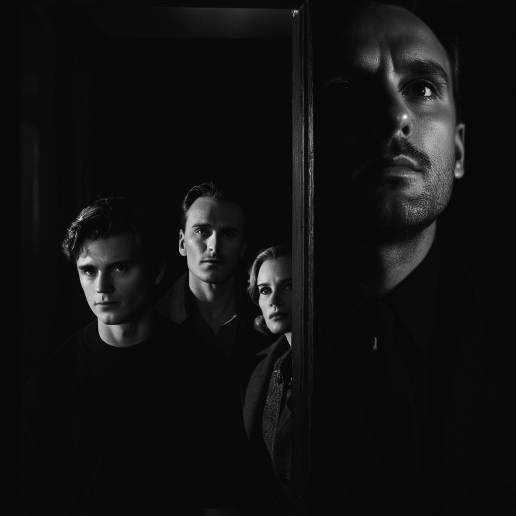 cinematic film still of  <lora:Split Diopter style:1>
From above, Split image focus of a closeup of a man is looking up at something with a woman in the background at door steps in a dark dim room in a scene from a film noir movie,Split Diopter style,solo,looking at viewer,1boy,monochrome,greyscale,shadow,black background,dark,eye focus,nearsighted,farsighted,split,split focus,focus,sharp focus,deep focus,Split focus,split screen , artistic, Kodak, dramatic light, dramatic shadow light, contrast, saturated color, cinematic, filmic, motion picture, realistic, realism, perfection, perfect, deep focus, clean image, wide screen, detailed image, cinematic, deep space composition, shallow depth of field, vignette, highly detailed, high budget, bokeh, cinemascope, moody, epic, gorgeous, film grain, grainy