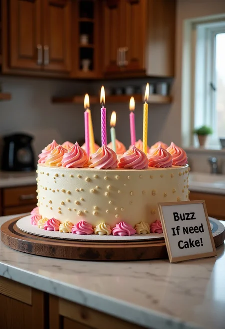 A huge birthday cute cake on a clean kitchen counter, a sign next to the cake it says "Buzz If You Need Cake!", realistic, cinematic shot,