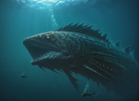 <lora:Leviathan_XL:1> leviathan a sea monster, underwater, under the ocean, depths, fish like, long fins, (masterpiece), best quality, highres, 4k, 8k, intricate detail, cinematic lighting, amazing quality, amazing shading, soft lighting, gloomy colors, dark aura, horror