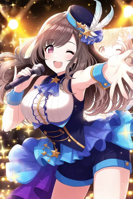 <lora:TsukiokaKogane:0.8>, Tsukioka Kogane, 1girl, one eye closed, microphone, holding, shorts, smile, breasts, open mouth, solo, holding microphone, looking at viewer, stage, sleeveless, cowboy shot, outstretched hand, shirt, outstretched arm, wrist cuffs, hat, feathers, hair ornament, ;d, star \(symbol\), dutch angle, sparkle, reaching, stage lights, skirt, reaching towards viewer, feather hair ornament, sleeveless shirt, standing