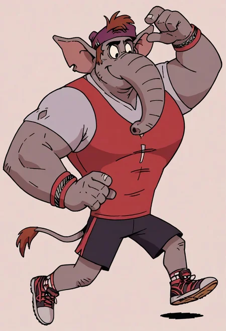 (score_9 | score_8_up | score_7_up)
((masterpiece:1))(best quality,very high quality,ultra detailed:1.2)
(2D,cartoon style,anime style)(Smooth:2)(clean blurring)
(four fingers on each hand,one thumb on each hand:1), Abu elephant, solo, brown hair, grey skin, black eyes, trunk, trunk nose, elephant trunk, elephant ears, monkey tail, purple vest, red and purple hat, alien, muscular, +++three eyes, extra eye, grey skin color, full body