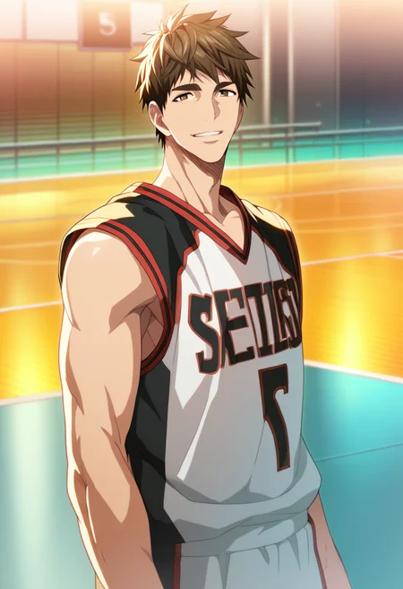 1boy, male focus, solo
<lora:Character - Kuroko no Basuke - Teppei Kiyoshi:1> teppeik, brown eyes, brown hair
,((zPDXL)), score_9_up, score_8_up, score_7_up, score_6_up, score_5_up, score_4_up, best quality, amazing quality, best aesthetic, absurdres, year2023, uncensored, nsfw, official art, official style, depth of field, detailed eye,
indoors, basketball court,
white basketball uniform, white tank top, standing, cowboy shot, facing viewer, parted lips, smile, looking at viewer,
