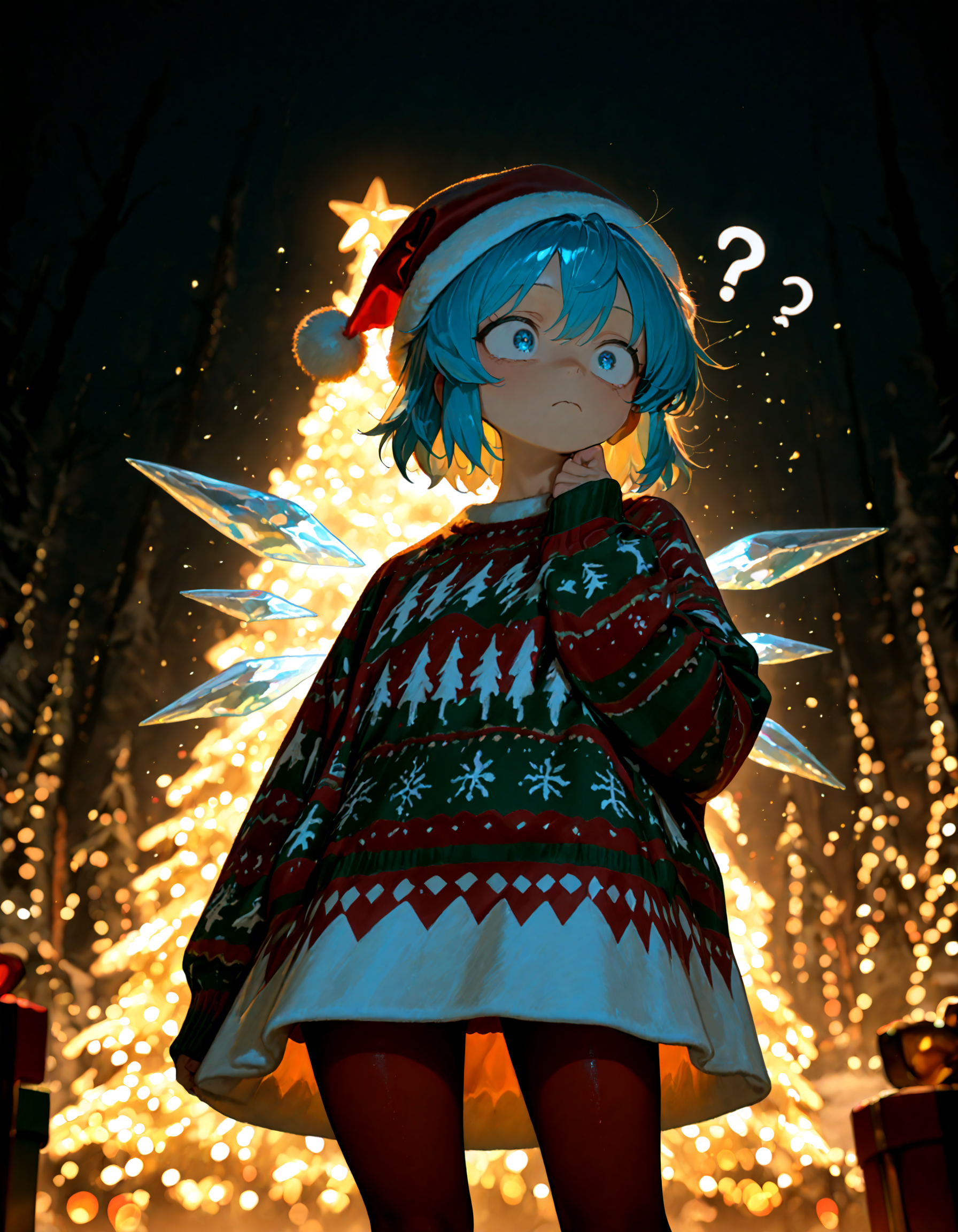 Christmas, dress, red pantyhose ,santa_hat ,Christmas sweater,
1girl, solo,  cirno, soft lighting, confused ,
masterpiece, best quality, amazing quality, very aesthetic, absurdres,  newest, (volumetric lighting),
<lora:world_christmassweater:0.5>,<lora:cfg_scale_boost:0.5>, <lora:ponyv5_noobE11_1_adamW:0.5>, <lora:illustrious_noobai_epsilon_pred_1_best_quality_v1:0.5> ,<lora:illustrious_noobai_epsilon_pred_1_masterpieces_v1:0.5> ,<lora:illustrious_noobai_epsilon_pred_11_very_aesthetic_v1:0.5>