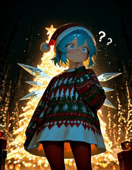 Christmas, dress, red pantyhose ,santa_hat ,Christmas sweater,
1girl, solo, cirno, soft lighting, confused ,
masterpiece, best quality, amazing quality, very aesthetic, absurdres, newest, (volumetric lighting),
<lora:world_christmassweater:0.5>,<lora:cfg_scale_boost:0.5>, <lora:ponyv5_noobE11_1_adamW:0.5>, <lora:illustrious_noobai_epsilon_pred_1_best_quality_v1:0.5> ,<lora:illustrious_noobai_epsilon_pred_1_masterpieces_v1:0.5> ,<lora:illustrious_noobai_epsilon_pred_11_very_aesthetic_v1:0.5>