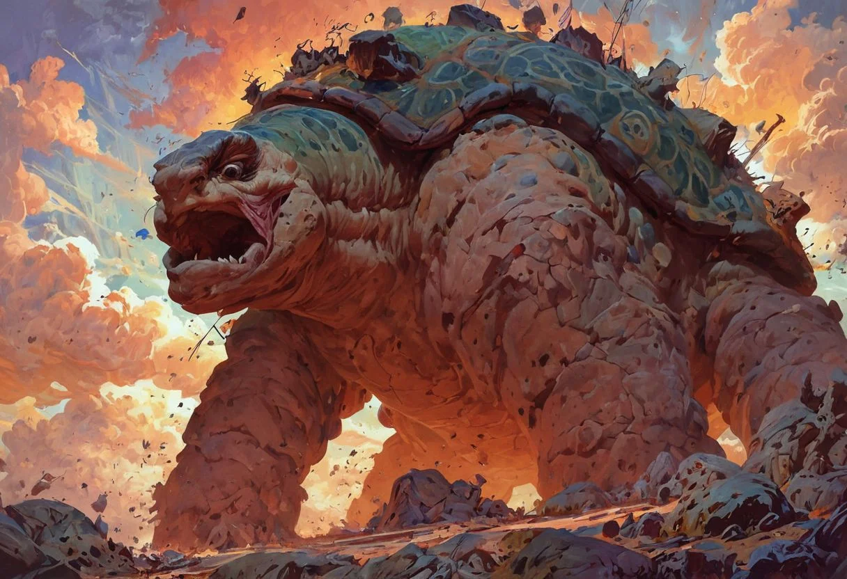 (score_9, score_8_up), score_7_up, zPDXL, Illustration Masterpiece, deep underground, cave roof, dimly lit, low angle view, colossal tortoise crawling up out of sinkhole, tortoise (colossal, head (wrinkled, ancient, squinting eyes), , many-limbed, feet tearing at ground, shell (small stone shrines, carved runes)), rocks thrown, clouds of dirt, landslide, earthquake, tremors, collapse, Color: green, brown ochre, off-white,