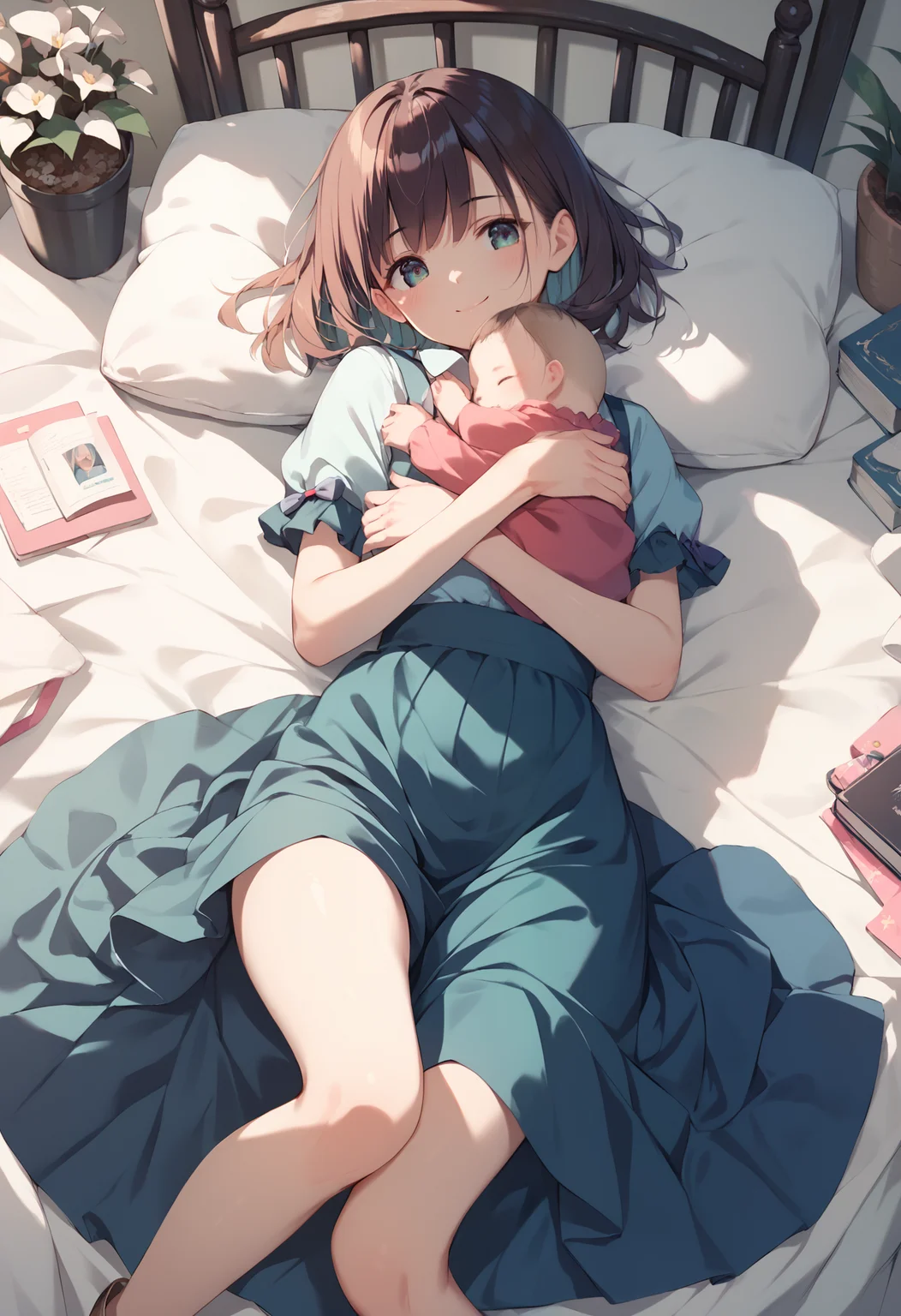 (score_6_up)(score_7_up)(score_8_up)(score_9) best quality, masterpiece, uncensored, (perfect anatomy) (realistic detailed:1) (face focus:1) BREAK (1girl hugging baby on bed :1) (baby with uneven face with limbs) (cute face girl with soft smiling to viewer:1) (cute girly clothes:1)
(thigh highs)(long skirt with pleats)