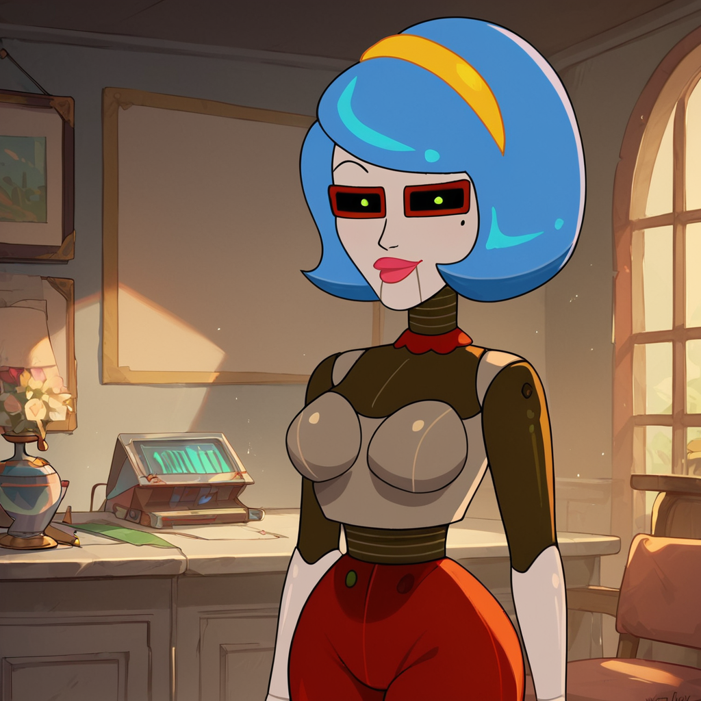 score_9, score_8_up, score_7_up, 1girl, Patricia, blue hair, short hair, hairband, robot, mole, lipstick, green eyes, colored sclera, medium breasts, narrow waist, wide hips, looking at viewer, highres, high quality, masterpiece, <lora:Patricia:0.8> <lora:Expressive_H:1> Expressiveh