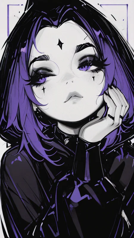 ,masterpiece,best quality,newest, <lora:Glamour_IL:1.2> mcglam, style, monochrome, 1girl, solo <lora:Raven_IL-000006:0.8> ravenil, ogoutfit, hoodup, purple hair, purple eyes
