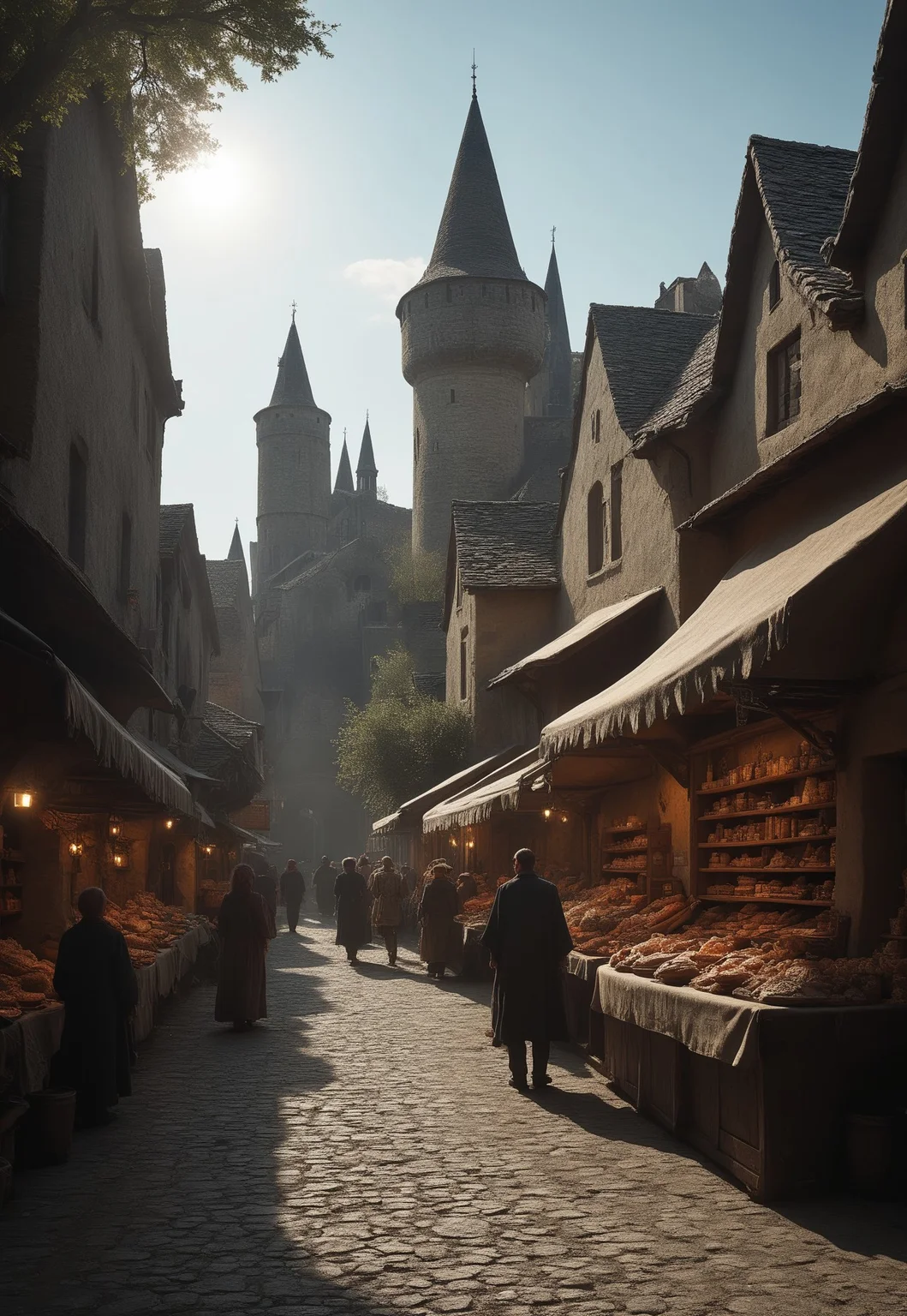 A highly detailed, fantastic digital painting in a medieval fantasy style. The scene depicts a sprawling, ancient medieval city with intricate stone architecture, set in a lush, sunlit valley. The city features tall, pointed towers, archways, and battlements, adorned with ornate carvings and intricate stonework.
The city's grand entrance is flanked by massive wooden gates, reinforced with iron and adorned with elaborate carvings. The cobblestone streets are bustling with activity, where knights in gleaming armor patrol, and merchants sell their wares in colorful market stalls.
The surrounding landscape is verdant and enchanting, with rolling hills, dense forests, and a sparkling river. Magical elements, such as glowing lanterns and mystical creatures, add to the ethereal atmosphere.
The entire scene is bathed in a warm, golden light, casting long shadows and highlighting the rich textures and vibrant colors of the environment.
<lora:add-detail-xl:1>
<lora:Dynamic Poses:1>
