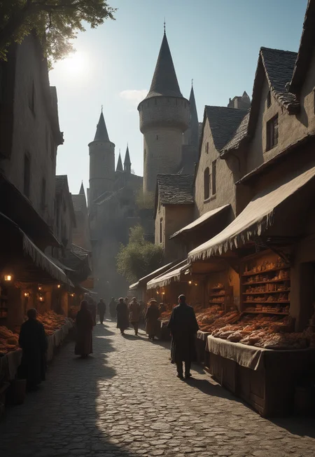 A highly detailed, fantastic digital painting in a medieval fantasy style. The scene depicts a sprawling, ancient medieval city with intricate stone architecture, set in a lush, sunlit valley. The city features tall, pointed towers, archways, and battlements, adorned with ornate carvings and intricate stonework.

The city's grand entrance is flanked by massive wooden gates, reinforced with iron and adorned with elaborate carvings. The cobblestone streets are bustling with activity, where knights in gleaming armor patrol, and merchants sell their wares in colorful market stalls.

The surrounding landscape is verdant and enchanting, with rolling hills, dense forests, and a sparkling river. Magical elements, such as glowing lanterns and mystical creatures, add to the ethereal atmosphere.

The entire scene is bathed in a warm, golden light, casting long shadows and highlighting the rich textures and vibrant colors of the environment.
<lora:add-detail-xl:1>
 <lora:Dynamic Poses:1>