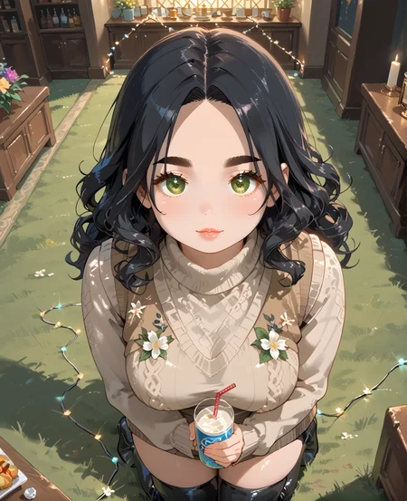 IllusP0s, PonyScores7, source_anime, ah1, IllustriousQual, interesting, exciting, spectacular, wonderful, <lora:natsumi_style:0.5>, <lora:by_usakun-pony:0.4>, by usakun, <lora:Akina_Bbw_Style_-_PonyXL:0.2>, AkinBw,
BREAK (High-Angle Shot),
BREAK 1girl, mature female, (round face:1.2), (thick eyebrows:1.3), (curvy), round-chin, caucasian, (plump face), <lora:Round_face:0.2>, <lora:ETO_OC_Illustrius:0.5>, eto_oc, skindentation, (plump), thick thighs, wide hips, busty, voluptuous, lips, <lora:venus body PonyXL:0.3>, <lora:shinyskin2:0.2>, glistening skin,
BREAK (curly hair), long hair, (black hair:1.4), (parted hair:1.7), messy hair, kinky curls, <lora:hairdetailpxl:0.2>, hairdetailpxl,
BREAK (half green and brown eyes), (colorful eyes), (multicolored eyes), (downturned eyes:1.4), <lora:expressive eyes:0.2>, expressive eyes, <lora:eyedetailpxl:0.2>, eyedetailpxl, <lora:Eyes_High_Definition:0.2>, EyesHD,
BREAK ((Grinning face with big eyes)), <lora:Expressive_H:0.2>, Expressiveh, <lora:Emotional_Anime_Expressions_PonyXL_Concept:0.2>, emotional, <lora:Best_Facial_Expression_LoRA_PONY:0.2>, looking at viewer, <lora:Detailed expressive EXEV style -XL Pony V1.0:0.2>, FaceDetail,
BREAK ((arm_behind_head)),
BREAK (Papaya whip cream faux fur vest over tan sweater dress with knee-high boots),
BREAK (((enchanted gardeparty nightclub in London, featuring twinkling fairy lights and floral decorations, Guests are mingling and enjoying drinks while live music plays in thebackground, The atmosphere is magical and whimsical))),
BREAK <lora:xl_more_art-full_v1:0.2>, <lora:aesthetic_anime_v1s:0.2>, <lora:EpicF4nta5yXL:0.2>, <lora:detailxl:0.2>, detailxl, <lora:Fant5yP0ny:0.2>, best quality, amazing quality, best aesthetic, absurdres, illustration, Volumetric_Lighting, ultra-detailed, very aesthetic, intricate details, 8k, masterpiece, best_quality
BREAK Stable_Yogis_PDXL_Positives, AS-Adult, <lora:Complicated fantasy portrait - XL Pony V2.0:0.2>, bad-hands-5, <lora:HDA_Detailer:0.3>, HDA_FatGirlXL,