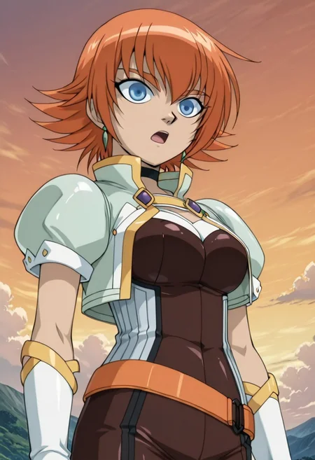 score_8_up, score_7_up, anime screencap, anime art style, bakugan , bakugan new vestroia, mira clay, 1girl, blue eyes, solo, gloves, open mouth, orange hair, white gloves, cloud, breasts, short hair, outdoors, sky, short sleeves, belt, jewelry, medium breasts, jacket