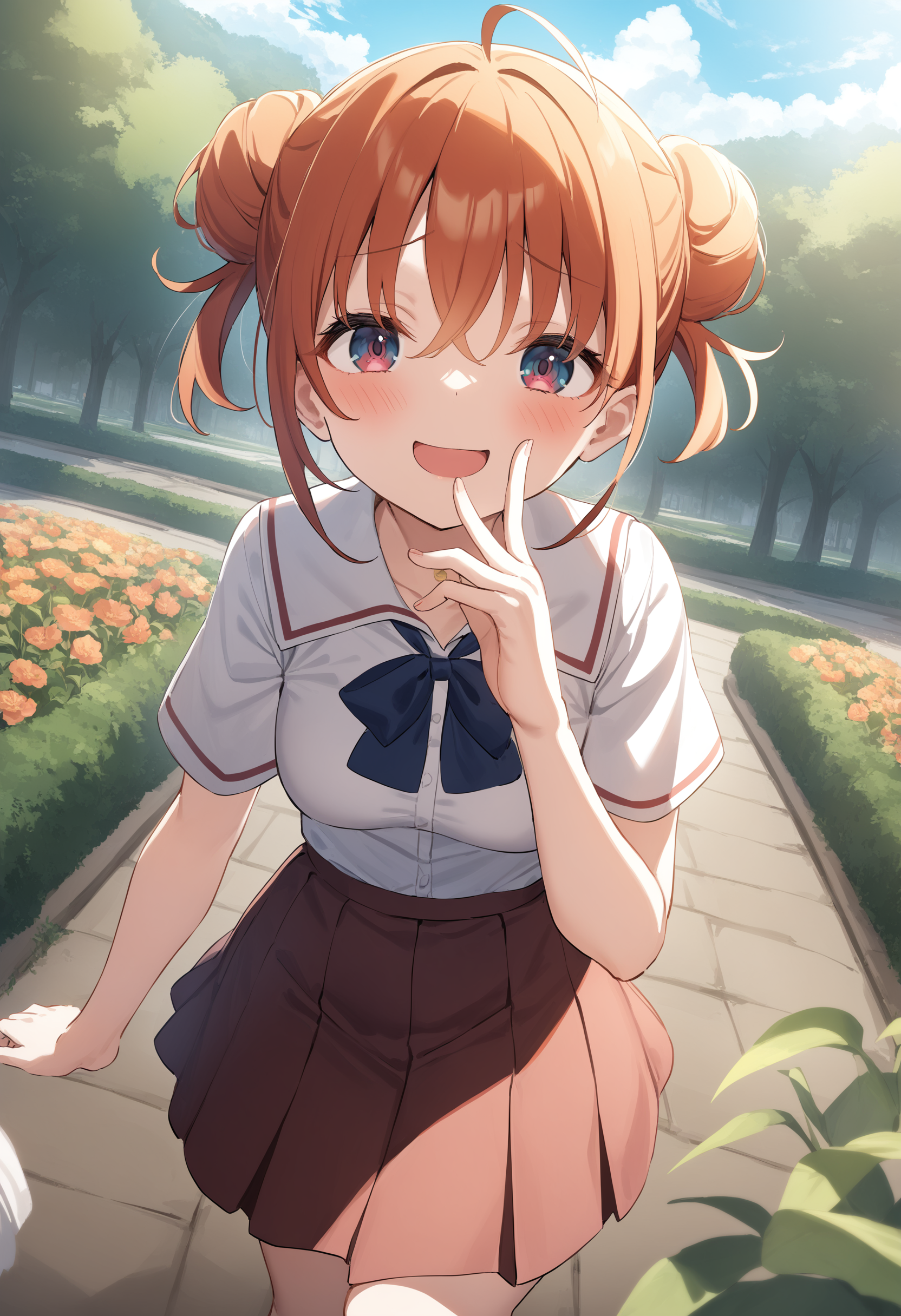 1girl,sincos, ningen mame, toosaka asagi,solo,medium breasts,school uniform,short sleeves,
mesugaki, smile, looking at viewer, blush, hand up,:d,<lora:mesugaki_XL_v1:0.9>
dutch angle, fisheye lens, looking ahead, orange hair, red eyes,archaic smile, botanical garden, open mouth, hair bun hair,,
best quality, very aesthetic, absurdres
