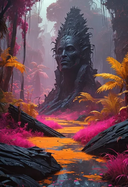 An alien jungle teeming with bizarre flora, all rendered in negative, unsettling colors. The leaves of the trees are a vivid shade of black, with veins of bright orange running through them. The ground is covered in a carpet of electric pink grass that seems to shimmer unnaturally. The sky is a chaotic swirl of dark gray and vibrant yellow, creating a disorienting backdrop for this vivid, yet eerie jungle. A totally black totem lies in the scene, a hint of remains from an ancient alien civilization, ruins, derelict, 
style of greg rutkowski,janek sedlar,jenny saville:0]  <lora:vivid_everclear:0.35>  <lora:Sinozick:0.35>  <lora:MJ52:0.35>