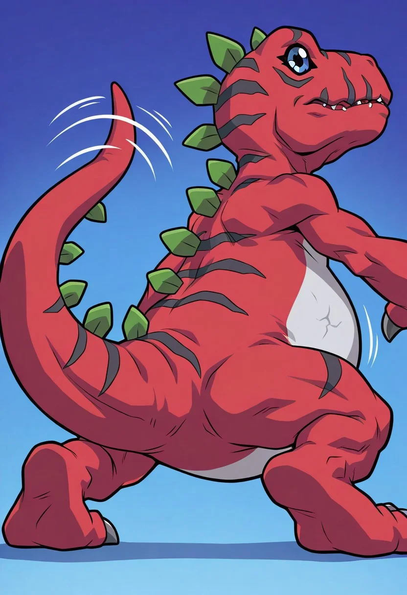 masterpiece,best quality,amazing quality, ultra high detail, good anatomy, perfect anatomy, anatomically correct hands, ultra detailed face, solo, handsome, male only, Tyrannomon, Tyranomon, red body on tyrannomon, Digimon, Digital, Monster, red body, green spines, blue eyes, white belly on just tyrannomon, feral, buff, male only, tail in view, wagging tail, grinning, sprawled on belly