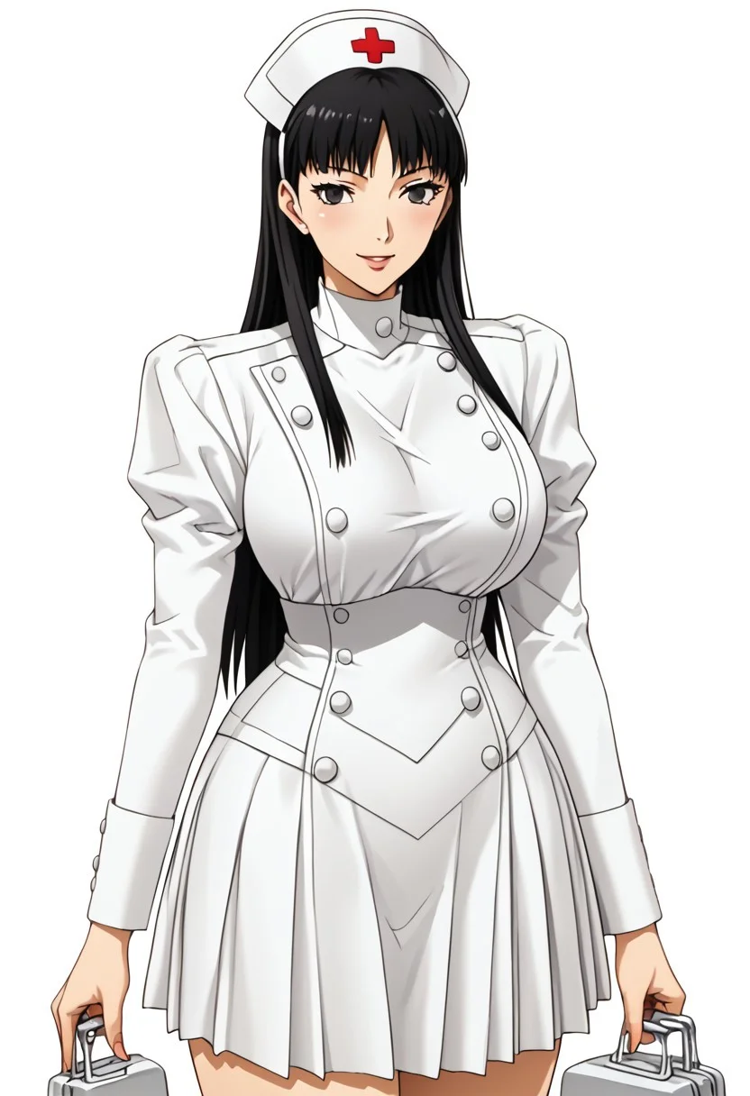 score_9,score_8_up,score_7_up,source_anime,5_figner,2d_animation,game cg,BREKE,
yukiko amagi, long hair, black hair,black eyes,1girl,solo,
nurse,buttons,nursecap,long sleeves,knee boots,pleated skirt,
gigantic breasts,thick hips,thick thighs,thick waist,disproportionate breasts,huge areolae,
covered erectile nipples,covered the breast,curves,glamour,blush,smile,upper body,standing,
simple background,white background,
masterpiece,best qualit,ultra-detailed,illustration,an extremely delicate and beautiful,beautiful detailed eyes,unity 8k wallpaper,high resolution,anime CG,official_art,