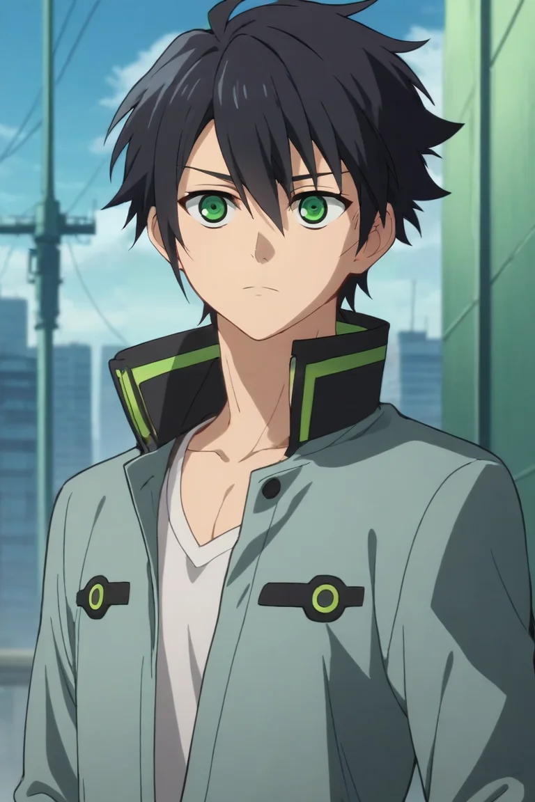 score_9, score_8_up, score_7_up, source_anime, , anime screencap, , official style, , , depth of field, 1boy, solo, male focus, <lora:yuuichirou_hyakuya_pony:0.74>, yuuichirou_hyakuya, black hair, green eyes, short hair, hair between eyes, , science fiction cyberpunk, , <lora:sdxl_lightning_8step_lora:1>