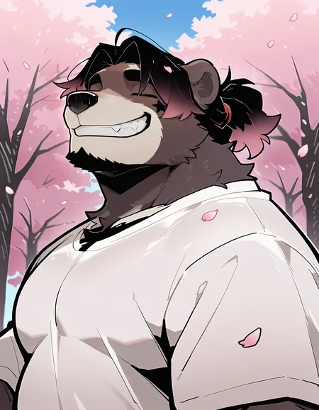 very awa,masterpiece,best quality,newest,highres,absurdres,1boy,solo,furry male,anthro,<lora:1qt-yy_new-000005:1>,bear,qingtian,blue sky,grin,closed eyes,white shirt,(from side:0.8),looking at viewer,<lora:Mixture_Minimalist_style:0.5>,overweight,cherry blossoms,petals,upper body,<lora:Akableak:0.5>,looking up,