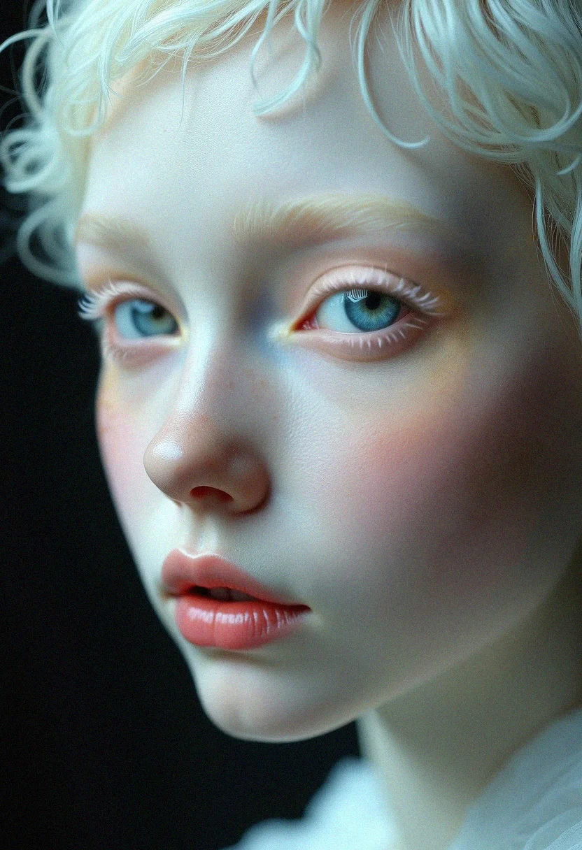 portrait, beautiful girl, feminine features, porcelain skin, pale skin, pink cheeks, slightly pink nose, blue-gray eyes, white hair, plain background, dark background, eyelashes, white eyelashes, realistic face, bleached skin, short hair, slightly curly hair, very realistic face, highly detailed portrait, high quality, 34K uhd, masterpiece, high detail, intricate, detailed, high resolution, high res, high quality, photorealism, highly detailed, Extremely high-resolution details, fine texture