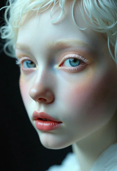 portrait, beautiful girl, feminine features, porcelain skin, pale skin, pink cheeks, slightly pink nose, blue-gray eyes, white hair, plain background, dark background, eyelashes, white eyelashes, realistic face, bleached skin, short hair, slightly curly hair, very realistic face, highly detailed portrait, high quality, 34K uhd, masterpiece, high detail, intricate, detailed, high resolution, high res, high quality, photorealism, highly detailed, Extremely high-resolution details, fine texture