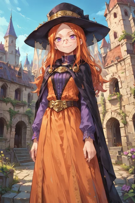 score_9, score_8_up, score_7_up, score_6_up, source_anime, BREAK,<lora:Eudy:0.8> , eudef, 1girl, purple eyes, orange hair, long hair glasses, ((pince-nez)), orange dress, purple shirt, (cape), hat, veil, purple shoes, cowboy shot, (looking at viewer), smile, closed mouth, castle, scenery, <lora:backgroundsetXL:0.4> , background,   <lora:cr33pp41ntXLP:0.7> , cr33pp41nt,