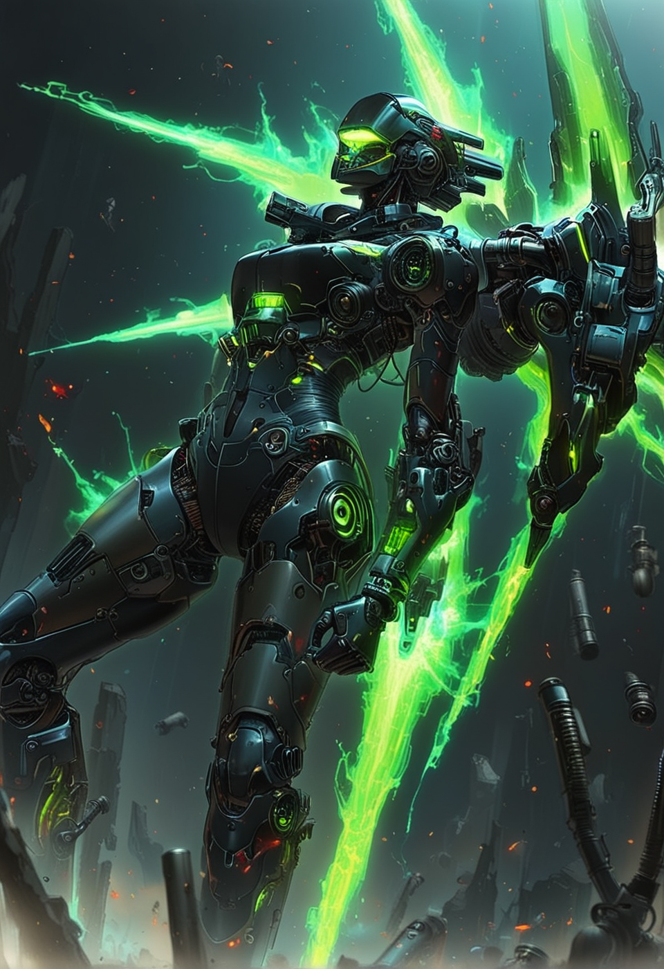 photorealistic,1girl,robotwoman,cyborg,large mechanical wings,metal parts,wires,electrical energy,neon armor, green neon wires,dark background,black bacground,dramatic angle,masterpiece,, masterpiece,