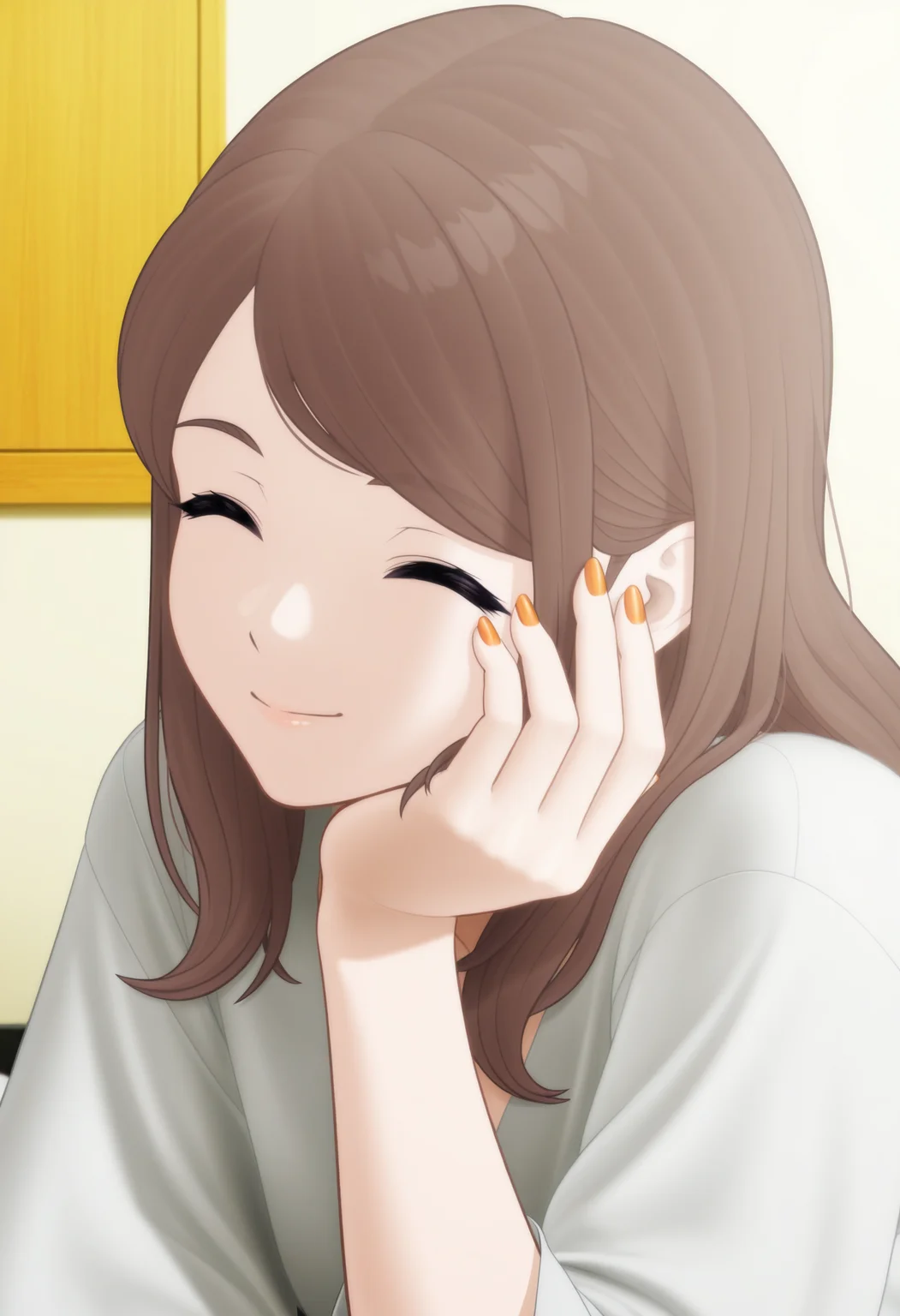 GBC_JQLY,1girl,solo,closed eyes,brown hair,nail polish,smile,orange nails,upper body,indoors,hand on own face,white shirt,closed mouth,<lora:GBC_JQLY-000020:1>